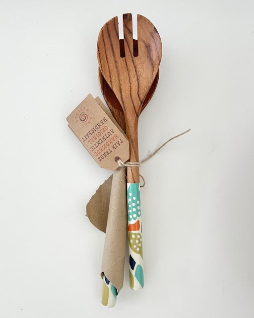 Salatbesteck Holz mit Emaille & bunten Formen - 30cm modernes Design