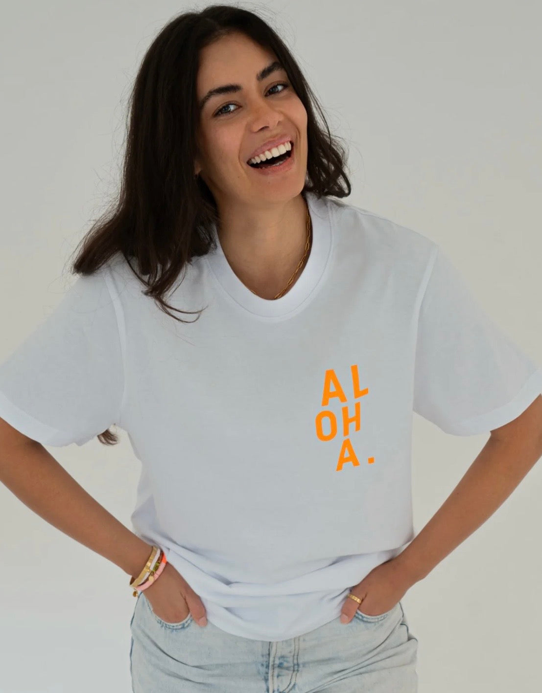 ALOHA – Damen T-Shirt in Weiß mit Neon-Print