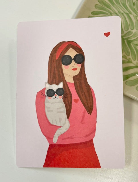 MIAO Postkarte rosa Frau mit Katze