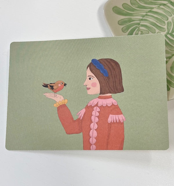 MIAO Postkarte, grün, Mädchen Rotkehlchen