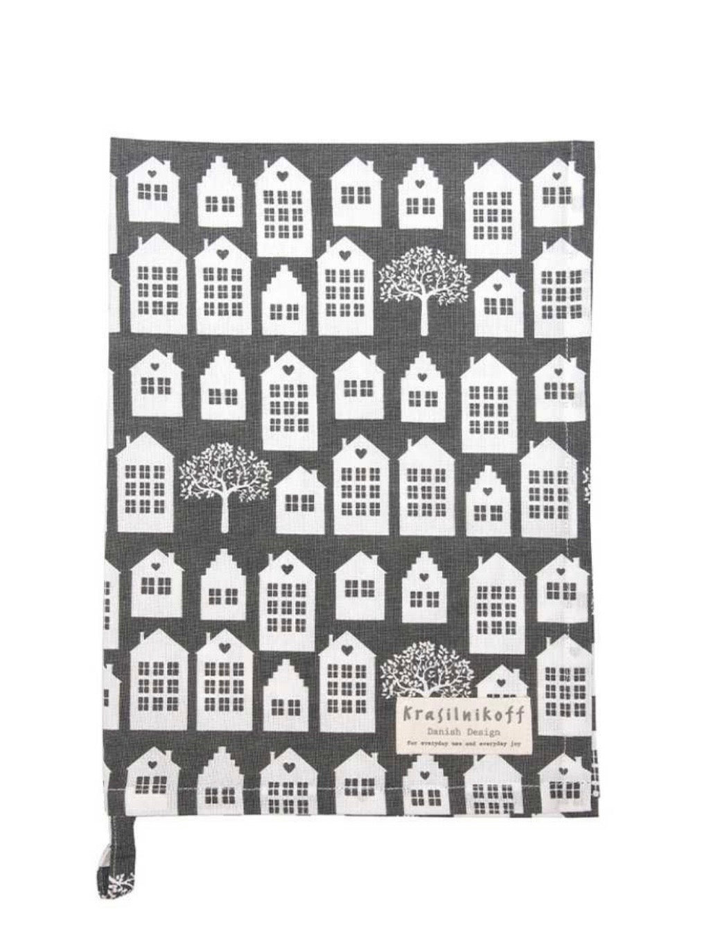 Krasilnikoff Küchentuch Häuschenliebe grau – 100% Baumwolle, 50 x 70 cm