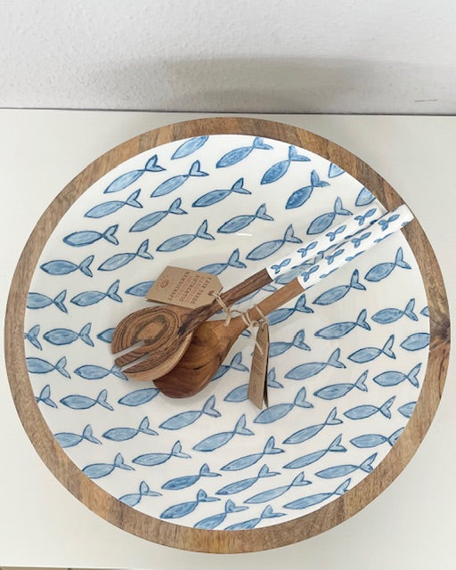 Salatschüssel groß Holz & Emaille - 39x13cm Fischmotiv