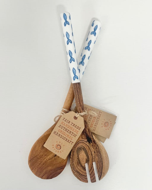 Salatbesteck Holz mit Emaille & Fischmotiv - 30cm mediterrandes Design