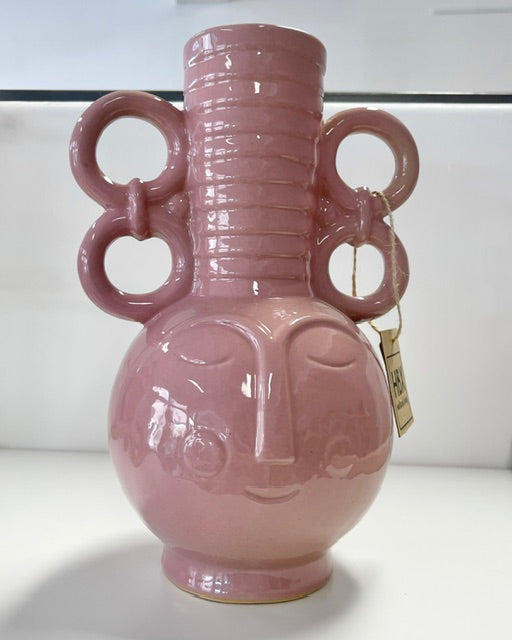 Rosa Keramikvase mit Gesicht – kunstvolle Statement-Vase im Boho Stil