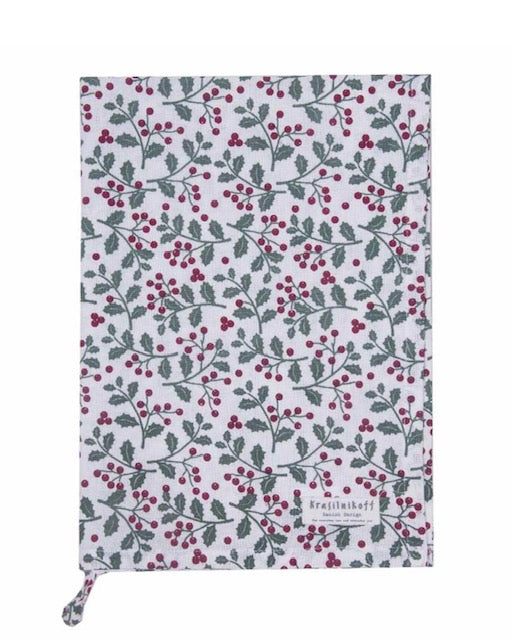 Krasilnikoff Küchentuch Weihnachten  Stechpalme  – Christmas Holly, 100% Baumwolle, 50 x 70 cm