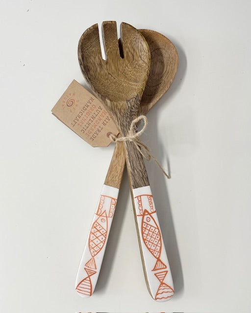 Salatbesteck Holz mit Emaille & Fischmotiv - 30cm mediterrandes Design