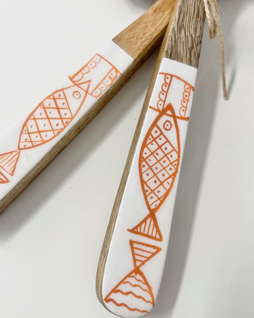 Salatbesteck Holz mit Emaille & Fischmotiv - 30cm mediterrandes Design