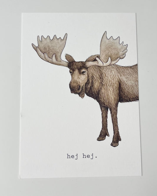 Handgemachte Papeterie - Postkarte Fräulein Lücke Elch "hej hej"