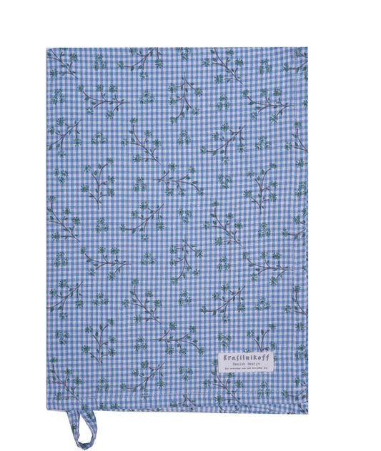 Krasilnikoff Küchentuch Karo/Zweige hellblau  – 100% Baumwolle, 50 x 70 cm