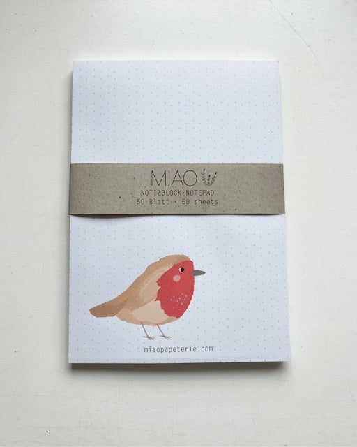 MIAO Notizblock – Design Notepad mit Rotkehlchenmotiv